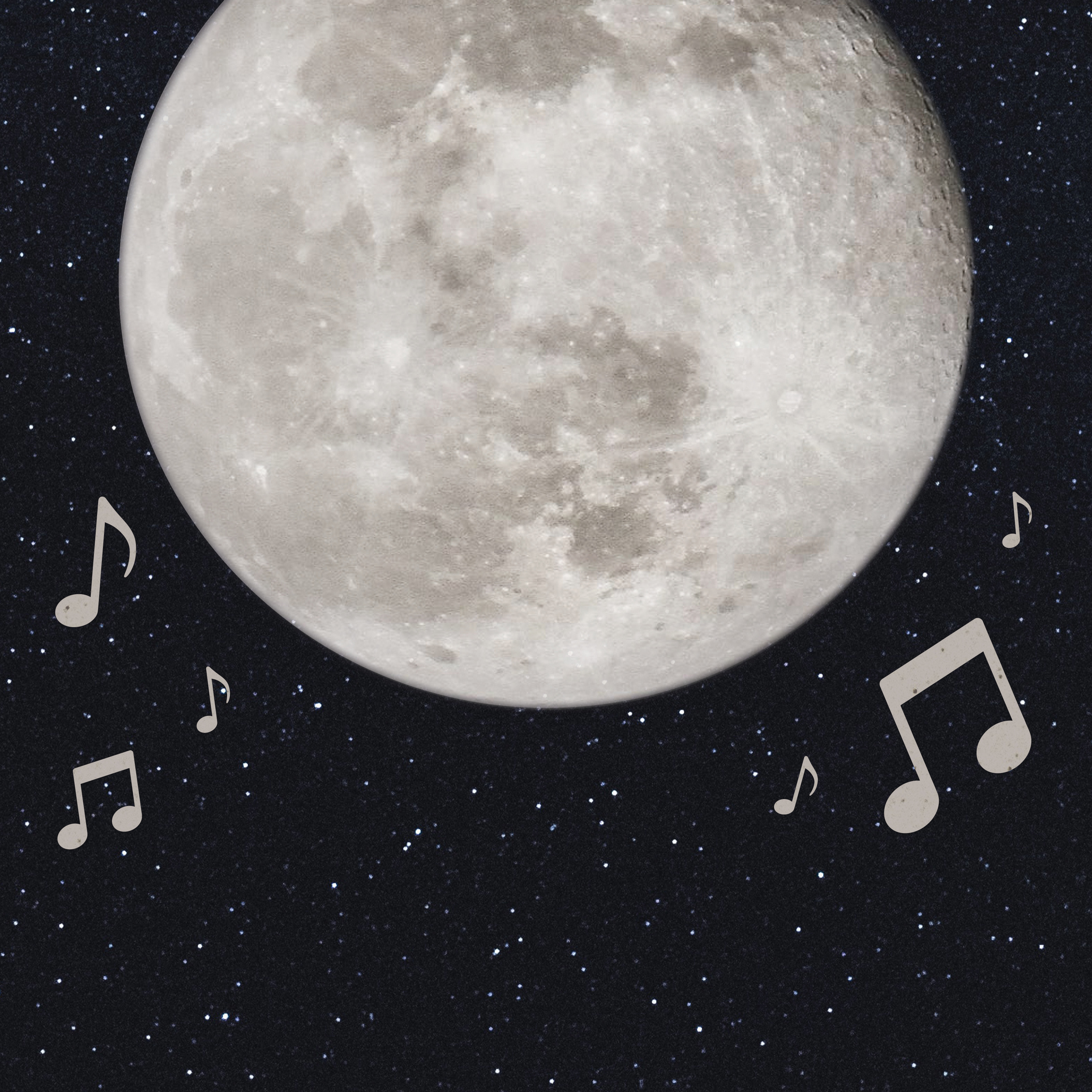 Full moon surrounded by music notes and stars.
